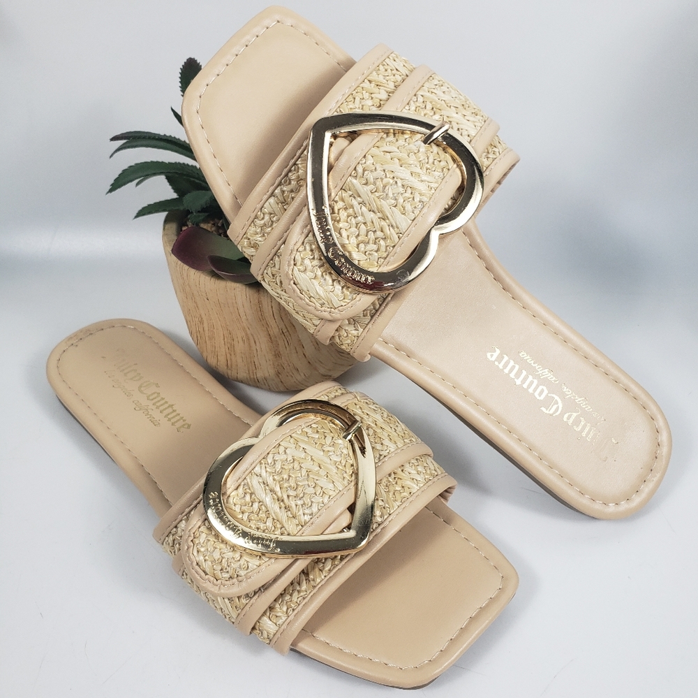 Juicy Couture Tan Raffia w/ Gold Heart - Flat Slide Sandal Beach Coastal Boho 8